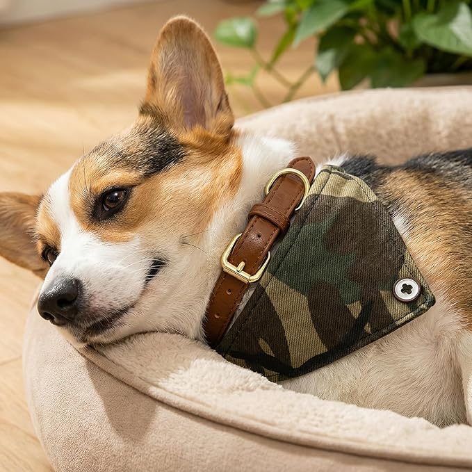 3PCS Bow Tie Dog Collar and Leash Set Plaid/Camo/Dots/Flower Dog Bandanas with Bell 3 Size Adjustable for Small Dogs Puppies and Cats (S, Camo 1)