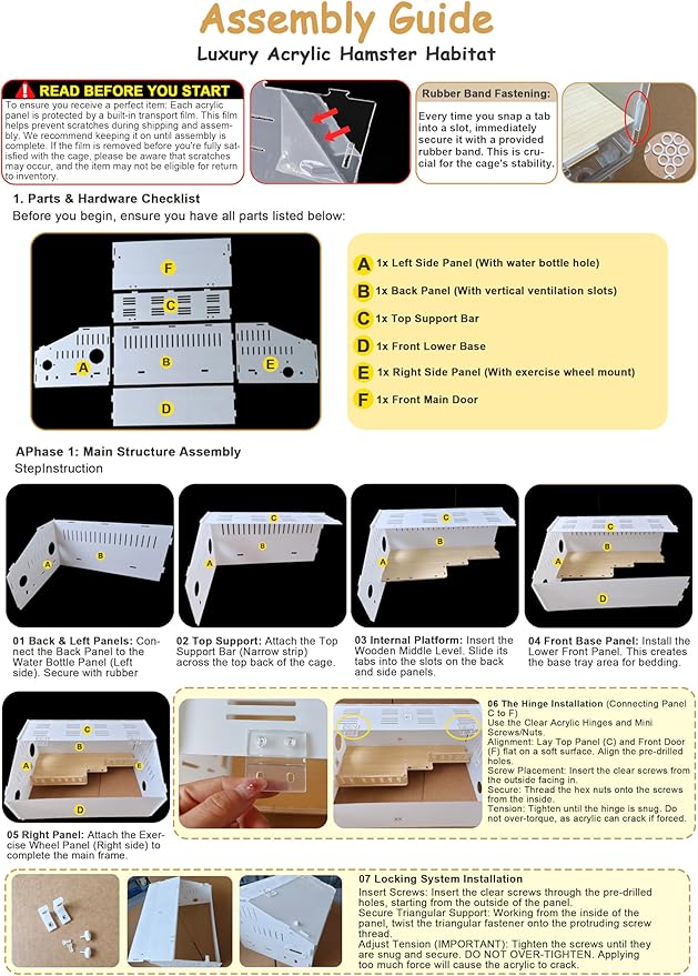 Chew-Resistant Acrylic Hamster Cage, Large Habitat with Enhanced Safety Lock System for Syrian & Dwarf Hamsters, Gerbils, Mice, Includes Full Accessory Set - 18.5" x 11.8" x 14.6"