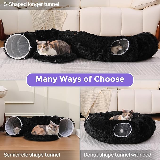 Cat Tunnel with Bed – Soft Plush Peekaboo Donut Cave for Indoor Cats | Under Christmas Tree Hideaway & Multifunctional Playground Toy for Kittens, Rabbits, Ferrets (Long-Pile Fabric Black)