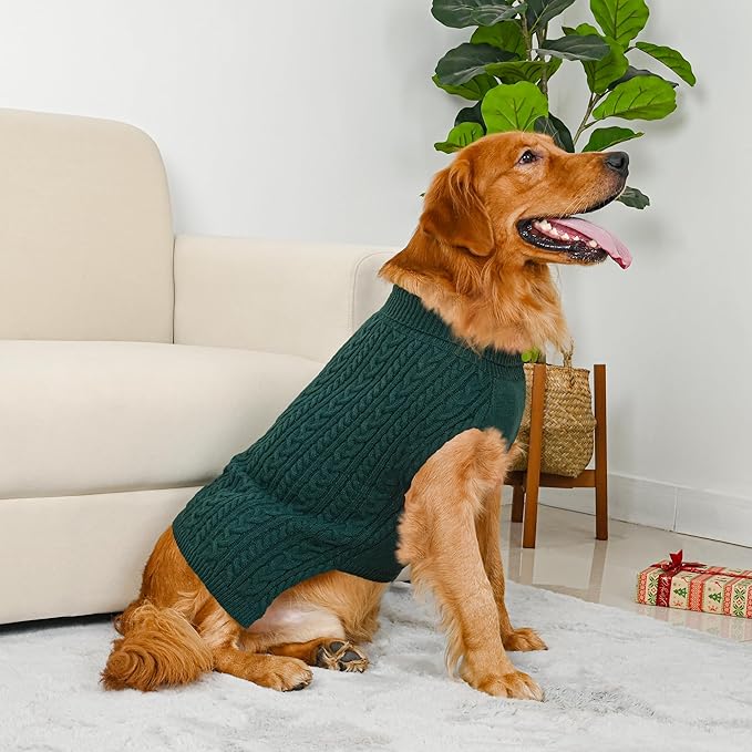2 Pack Dog Sweaters for Large Dogs Winter Turtleneck Pullover Cable Knit Fleece Stretch Pitbull Labrador Golden Retriever Doberman Bulldog Boy Girl Pet Clothes (XL, Green & Brown)