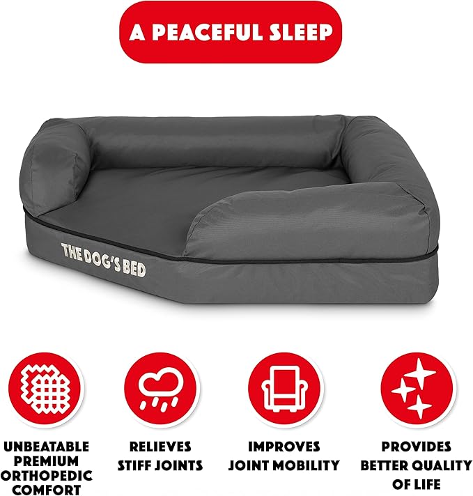 The Dog’s Bed Orthopedic Memory Foam Corner Dog Bed, Calming Surface – CertiPUR-Certified Foam, Oxford Fabric, Grey with Black Trim, Medium