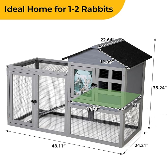 48" L Large Rabbit Hutch Outdoor Indoor, Expandable 2-Story Wooden Bunny Cage with Run, Removale Tray, 3 Entrances, Grey + Colorful Pattern