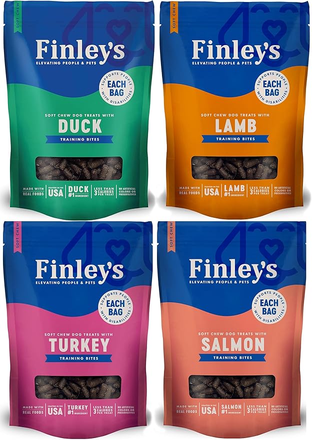 Finley's Dog Bites Treats Variety Pack Soft & Chewy Healthy Snacks - Low Calorie - Great for Training - 4 Delicious Flavors: Duck, Turkey, Salmon, and Lamb (4 Bags Total, 6 Ounces Each)