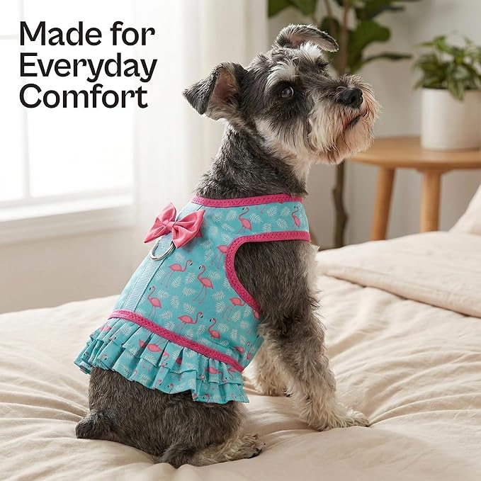 Parisian Pet Flamingo Dog Harness Dress - Breathable No Pull Puppy Dress with Leash Ring - 100% Mesh Fabric Harnesses for Dogs - Soft Padded Step in Pet Vest - All Weather Dog Harness for Large Dogs