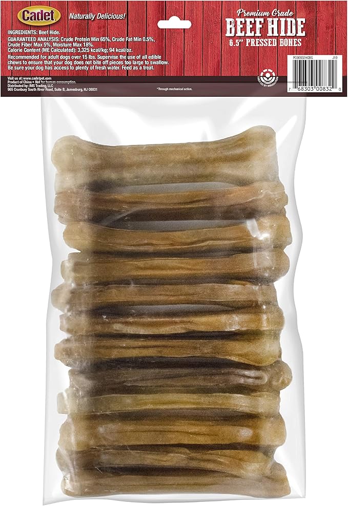 Cadet Premium Grade Pressed Beef Hide Bones, Long Lasting Rawhide Dog Chews, 6.5 Inch (12 Count)