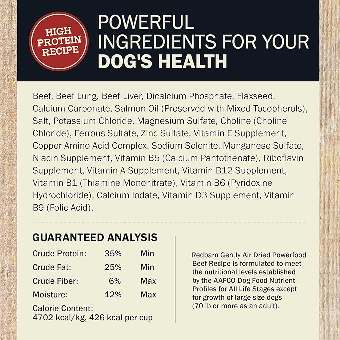 Redbarn Powerfood Air Dried Dog Food - 95% Beef & Beef Organs - High Protein Grain-Free Non-GMO Premium Dry Full Feed or Topper Made in USA with Omega 3 Salmon Oil Flaxseed - 5lb