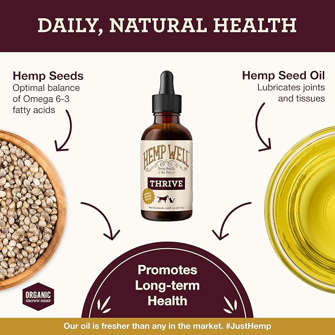 Hemp Well Thrive Oil for Dogs & Cats, Organic Hemp Oil, Omega 3 & 6 Supplement for Skin & Coat, Hip & Joint, Heart & Immune Support, 2 oz