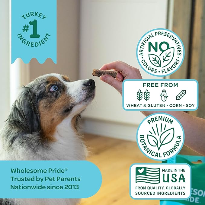Wholesome Pride Functional Calming Support Turkey Jerky Bites, USA Made Calming Dog Treats - 8 oz