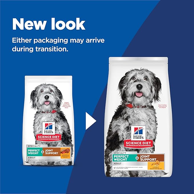 Hill's Science Diet Perfect Weight & Joint Support, Adult 1-6, Weight Management & Joint Support, Dry Dog Food, Chicken & Brown Rice, 12 lb Bag
