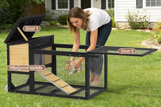 TIMHAKA 2-Story Rabbit Cage with Wheels, Bunny Hutch w/Chew-Proof Ramp, Indoor Outdoor Bunny Cage w/Leak-Proof Trays and Openable Waterproof Roof for Rabbits, Guinea Pig, Small Animal Yellow