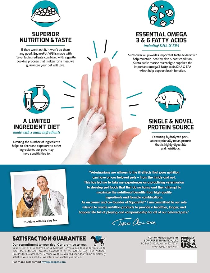 SquarePet Veterinarian Formulated Solutions Hydrolyzed Protein Skin and Digestive Support Dry Dog Food, Help with Hot Spots, Itchiness Pork Flavor 22lbs