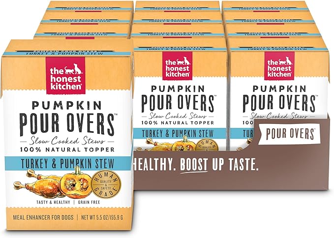 The Honest Kitchen Human Grade Pumpkin POUR OVERS Wet Toppers for Dogs (12 Pack), 5.5 oz - Turkey Stew