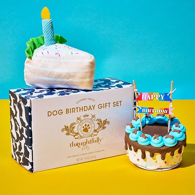 Thoughtfully Pets Dog Birthday Cake and Plush Toy Set, Mini Cookie Cake Treat with Birthday Banner Decoration, Puppy Party Celebration Gift, Hand Decorated Hollow Biscuit Treat for Dogs