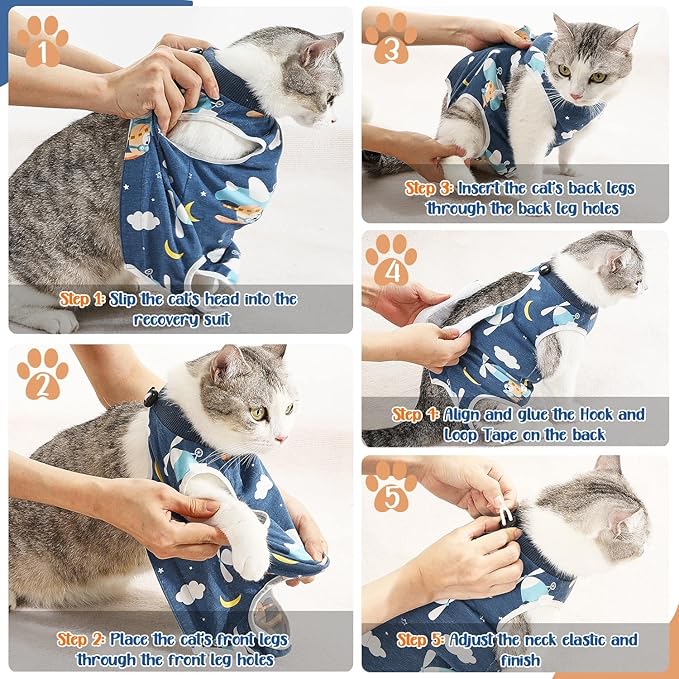 SlowTon Cat Recovery Suit - Cat Onesie for Cats After Surgery Female Male, Kitten Clothes Cats Surgical Spay Suit Abdominal Wounds, E-Collar Alternative Bodysuit Shirt Anti-Licking (Navy, S)