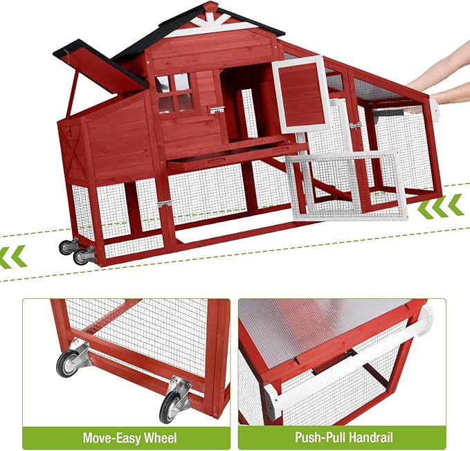 GUTINNEEN Mobile Chicken Coop for 2-4 Chickens with Wheels, Expandable Large Hen House with Run, UV-Protected Roof, Divided Nesting Boxes, Easy One-Person Move, Red