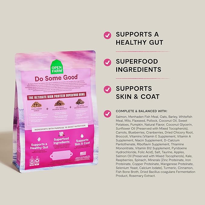 Open Farm, Epic Blend High Protein Dry Dog Food, Probiotic Coated & Bone Broth Infused Kibble with Air Dried Meat & Organs, Minimally Processed & Nutrient Dense, Salmon & Superfood Recipe, 18lb Bag