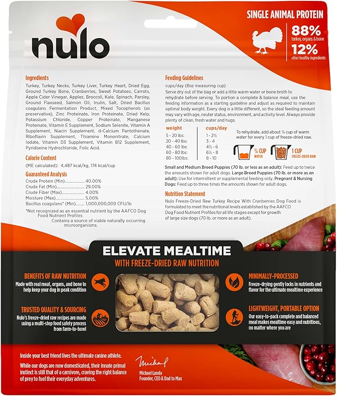 Nulo Freeze-Dried Raw Turkey Recipe with Cranberries Complete and Balanced Dry Dog Food Kibble, 8 Ounce Bag