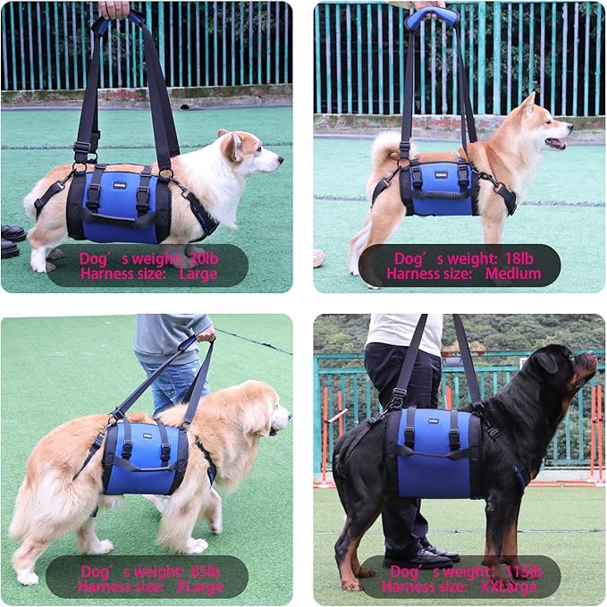 Dog Carry Sling, Emergency Backpack Pet Legs Support & Rehabilitation Dog Lift Harness for Large Dogs, Dog Carrier for Senior Dogs Joint Injuries, Arthritis, Up and Down Stairs (Blue, L)