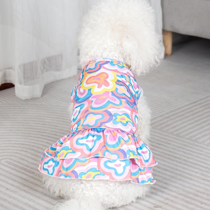 cyeollo 2 Pack Tie Dye Dog Dress Puppy Dress Soft Breathable Dog Clothes for Small Dogs Girl Outfit Pet Apparel, Tie Dye+Flower, XS