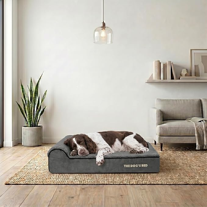 The Dog’s Bed Orthopedic Memory Foam Dog Bed with Headrest, Calming Surface – CertiPUR-Certified Foam, Plush Fabric, Grey Plush, Large, 6-Inch