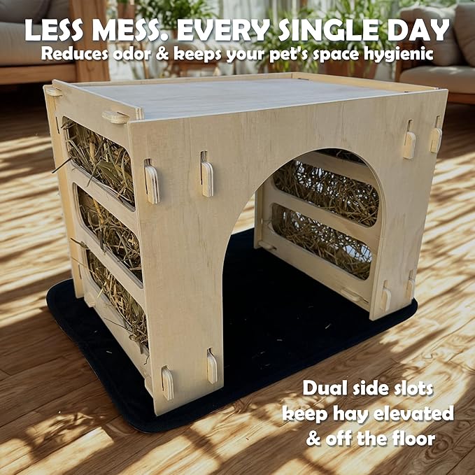 Kiwi&Mora Bunny House Hideout – Rabbit Hideout for Bunnies, Guinea Pigs & Other Pets | Large Indoor Wooden Tunnel Bed with Hay Feeder, Enrichment Toys & Accessories – Easy to Assemble & Clean