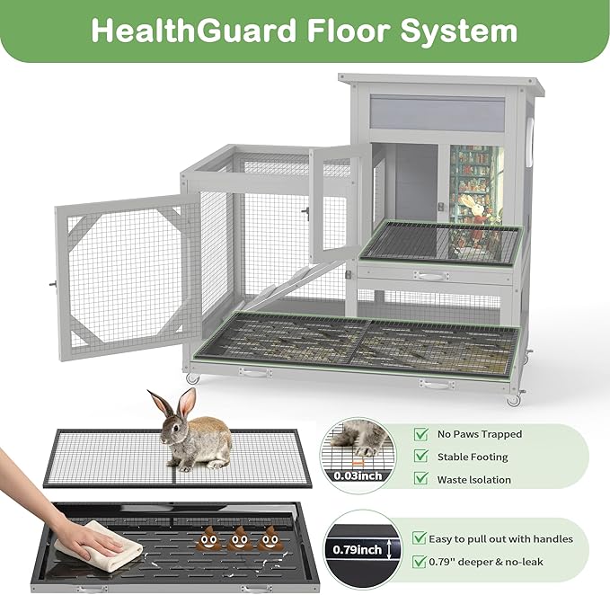COZIWOW Rabbit Hutch Indoor Outdoor with No-Spill Design, 2 Wire Floors & Removable Trays, 2-Story Large Wooden Bunny Cage on Wheels, Chewproof Ramp for Multiple Small Animals, Gray