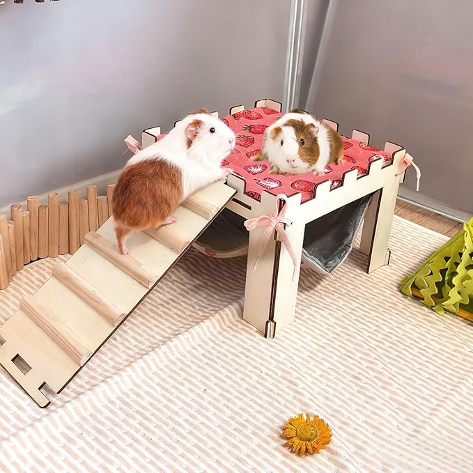 Guinea Pig Hideout with Hammock,Large Wooden Guinea Pigs House with Stairs and Mats,Detachable Guinea Pig Hide for Small Animals Hamster Chinchilla Ferret Habitats Accessories