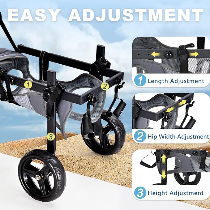 Dog Wheelchair for Back Legs, Adjustable Height/Length/Width, Sturdy Wheelchair with All-Terrain Shock-Absorbing Wheels, Mobility Support for Injured or Disabled Small & Medium Dogs & Cats