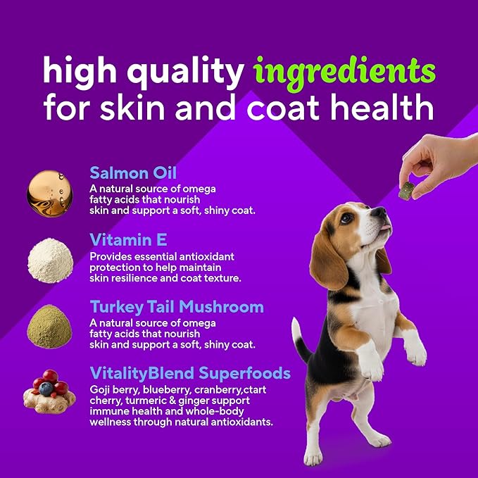 VitaFusion for Dogs Skin & Coat Supplement, Omega 3 Salmon Oil & Vitamin E – Supports Healthy Skin, Shiny Coat & Moisture Balance, Vet Formulated 120 Chews.