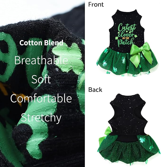 Fitwarm Cutest Clover in the Patch Dog Dress, St Patricks Day Dog Clothes for Small Dogs Girl, Funny Pet Cat Puppy Holiday Outfit, Black, Emerald Green, XXS