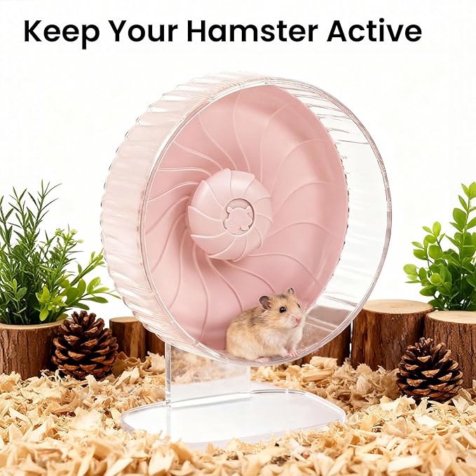 Silent Hamster Wheel, 10in Hamster Wheel with Adjustable Stand, Double-Bearing Quiet Spinner for Syrian Hamsters, Hedgehogs, Mice & Small Pets, Pink