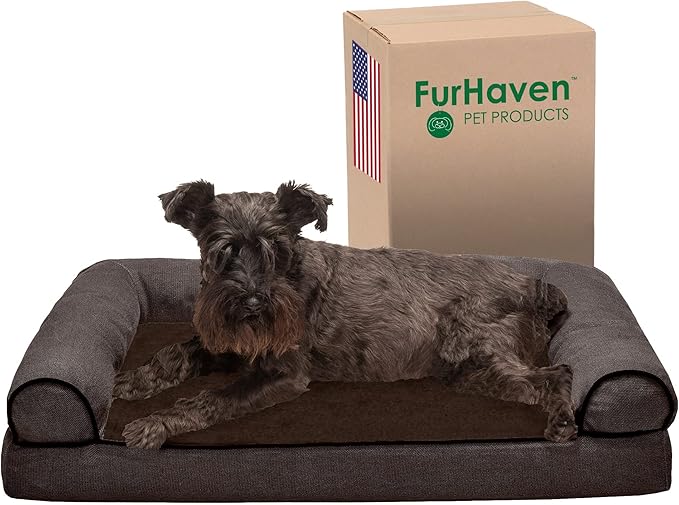 Furhaven Memory Foam Dog Bed for Medium/Small Dogs w/ Removable Bolsters & Washable Cover, For Dogs Up to 35 lbs - Sherpa & Chenille Sofa - Coffee, Medium