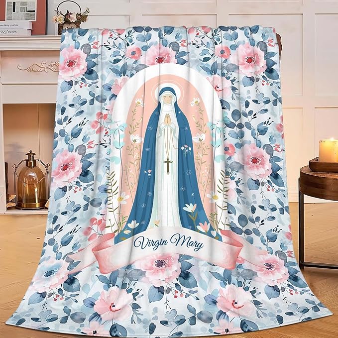Virgin Mary Throw Blanket Christian Religious Scripture Catholic Spiritual Stuff Gifts for Adults Women Soft Cozy Warm Plush Fluffy Fuzzy Fleece Blanket Decor 40''X50''