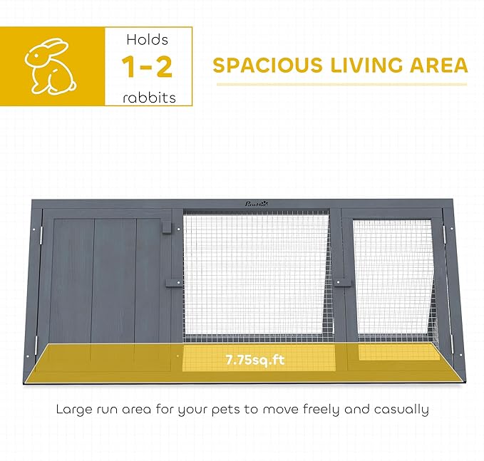PawHut Rabbit Hutch Outdoor, Wooden Chicken Coop with Run, Outdoor Small Animal Cage for Rabbit, Small Duck and Chicken, for Garden, Backyard, Farms, 45" x 20.5" x 18", Grey