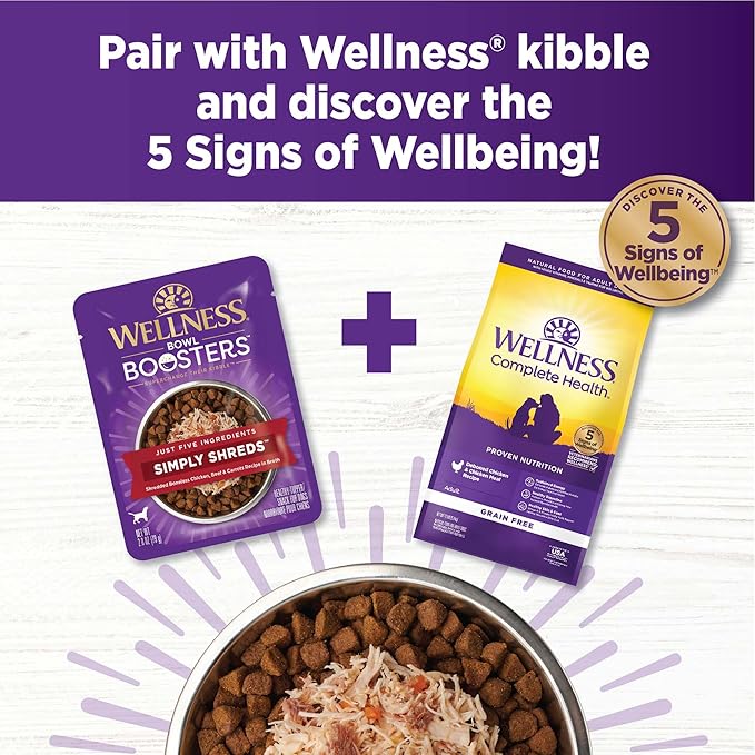 Wellness Bowl Boosters Simply Shreds Wet Dog Food Topper for Small, Medium, & Large Breeds, Grain Free, Natural, Chicken, Beef & Carrots, 2.8 Ounce Pouch (Pack of 12)
