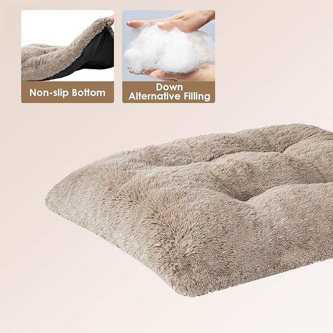 EHEYCIGA Fluffy Dog Crate Bed for Small Dogs, Plush Faux Fur Crate Pad, Calming Anti Anxiety Small Dog Bed, Washable Soft Warm Mat with Non-Slip Bottom, Taupe