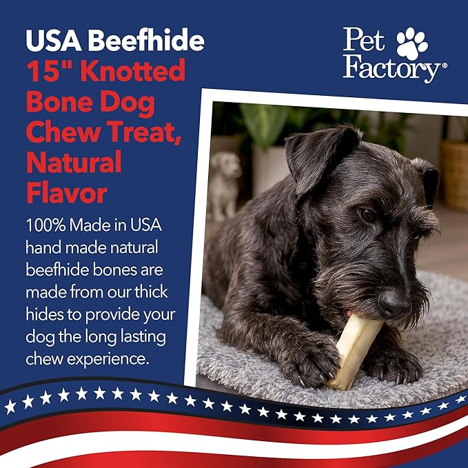 Pet Factory 100% Made in USA Beefhide 15-17" Knotted Bone Dog Chew Treat - Natural Flavor, 1 Count/1 Pack