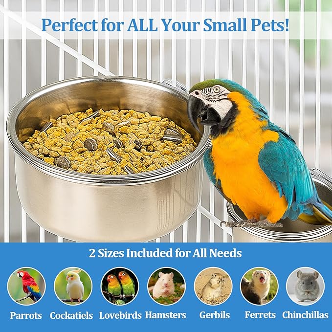 2 Pack Stainless Steel Bird Food Bowl Small Bird Feeding Dish Cups for Cage Parrot Food Bowl Cage with Clamp Holder for Parrots, Cockatiels, Small Animals (S+M)