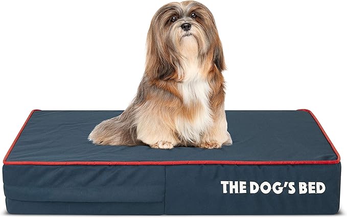 The Dog’s Bed Orthopedic Memory Foam Dog Bed for Small Dogs, Waterproof Washable Cover, Anti-Slip Base, Calming Surface – CertiPUR-Certified Foam, Blue with Red Trim, 4 Inch Thick