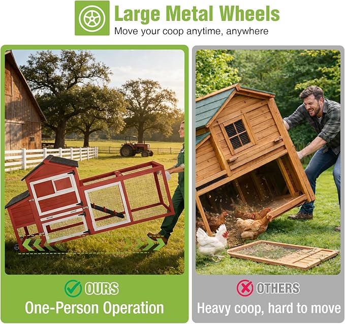 GUTINNEEN Mobile Chicken Coop with Wheels for 2-4 Chickens, Expandable Wooden Hen House with Divided Nesting Box, Reinforced Coop Balcony, Roosting Perch, Metal Pull-Out Tray, 82.4" L (Red)