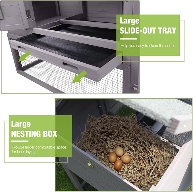 GUTINNEEN Chicken Coop with Wheels, Expandable Hen House Poultry Cage with Run, UV-Protected Roof, Divided Nesting Boxes, Easy One-Person Move, Ideal for 2 Adult Chickens or 4 Bantams, 72.3" L, Grey