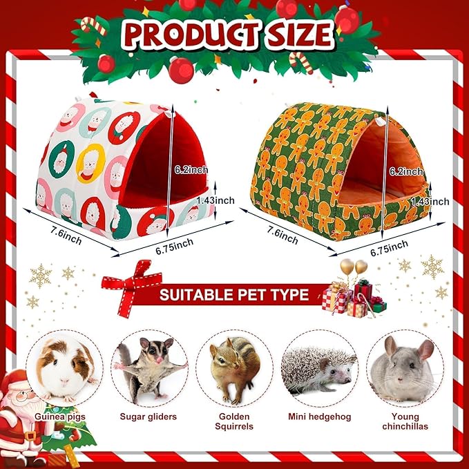 UPINS 2 Pack Christmas Guinea Pig Hideout,Guinea Pig Bed Washable Small Animal House Cage Accessories for Chinchillas Hamsters Hedgehogs Ferrets Bearded Dragons and Rats