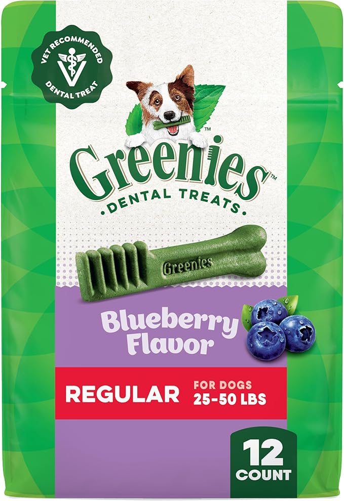 Greenies Veterinarian-Recommended Natural Dental Dog Treats, Dental Chews for Dogs, Regular Size, Blueberry Flavor, 12 oz. Pack, 12 Count