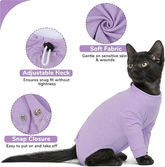 PUMYPOREITY Cat Front Leg Recovery Suit, Surgical Spay Suit with Leg Sleeves to Stop Licking, Machine Washable & Comfort Fit, Long Rear Sleeve Prevents Scratching & Biting, Purple, M