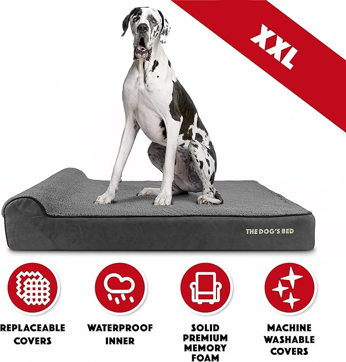 The Dog’s Bed Orthopedic Memory Foam Dog Bed with Headrest, Calming Surface – CertiPUR-Certified Foam, Plush Fabric, Grey Plush, XXL, 6-Inch