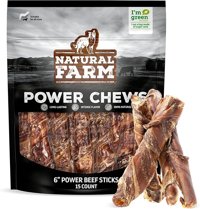 Natural Farm Power Beef Sticks Dog Chews (6”, 15-Pack), 2-in-1 Power Chews: Premium Bully Cheek Wrapped in Beef Esophagus for Double Chewing Time, Promotes Dental Health, Great for Medium Dogs