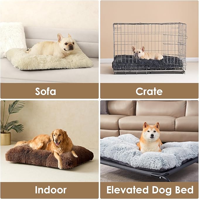 EHEYCIGA Fluffy XXL Dog Crate Pad, Plush Faux Fur Crate Bed for Extra Large Dogs, Calming Anti Anxiety XXL Dog Bed, Washable Warm Mat with Non-Slip Bottom, Coffee