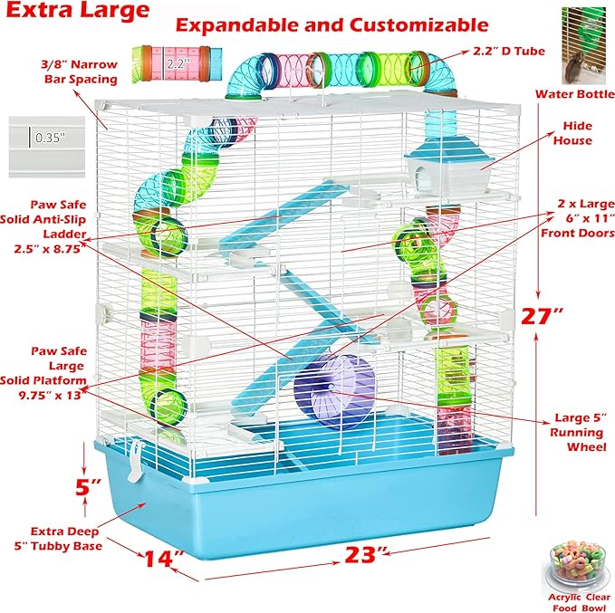Extra Large 23" Multi-Tiers Easy Setup Hamster Palace Gerbil Habitat Mouse House Mice Home Critters Cage Complete Set of Accessories Expandable Customizable Hide House Food Bowl Running Wheel