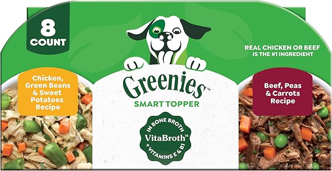 Greenies Smart Topper High Protein Wet Mix-in for Dogs, Chicken, Green Beans, and Sweet Potatoes Recipe & Beef, Peas, and Carrots Recipe Variety Pack, 8 Trays of 2 oz.
