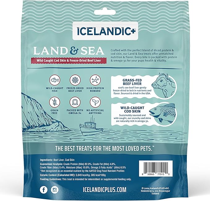 Icelandic+ Land & Sea Wild Caught Cod Skin & Freeze-Dried Beef Liver - 6.75oz Bag, Dog Treat & Food Topper, 2 Ingredients, No Preservatives, Natural (Pack of 2)